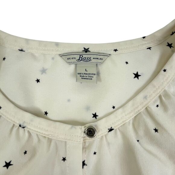 GH Bass Cream Navy Blue Star Print LS Career Top Covered Snapfront July 4th L - Picture 3 of 9